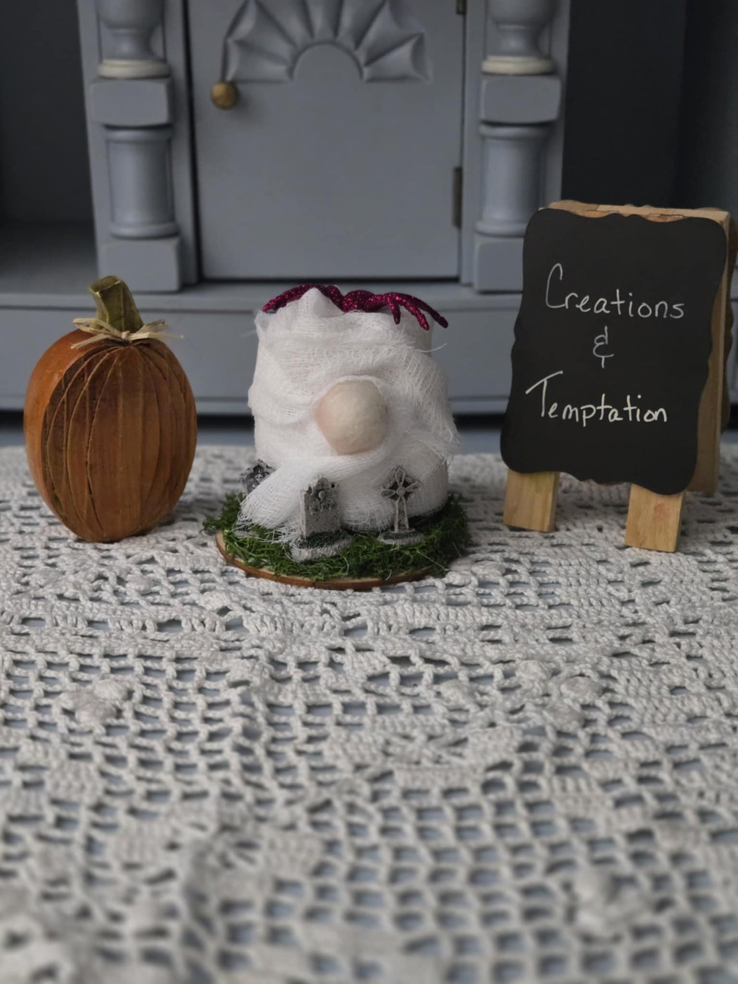 Handmade Halloween Mummy Gnome - 4 Inch Needle Felted Decoration